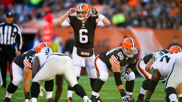 Oct 26, 2014; Cleveland, OH, USA; Cleveland Browns quarterback Brian Hoyer (6) and Cleveland Browns center Nick McDonald (68) at FirstEnergy Stadium. Mandatory Credit: Ken Blaze-USA TODAY Sports  